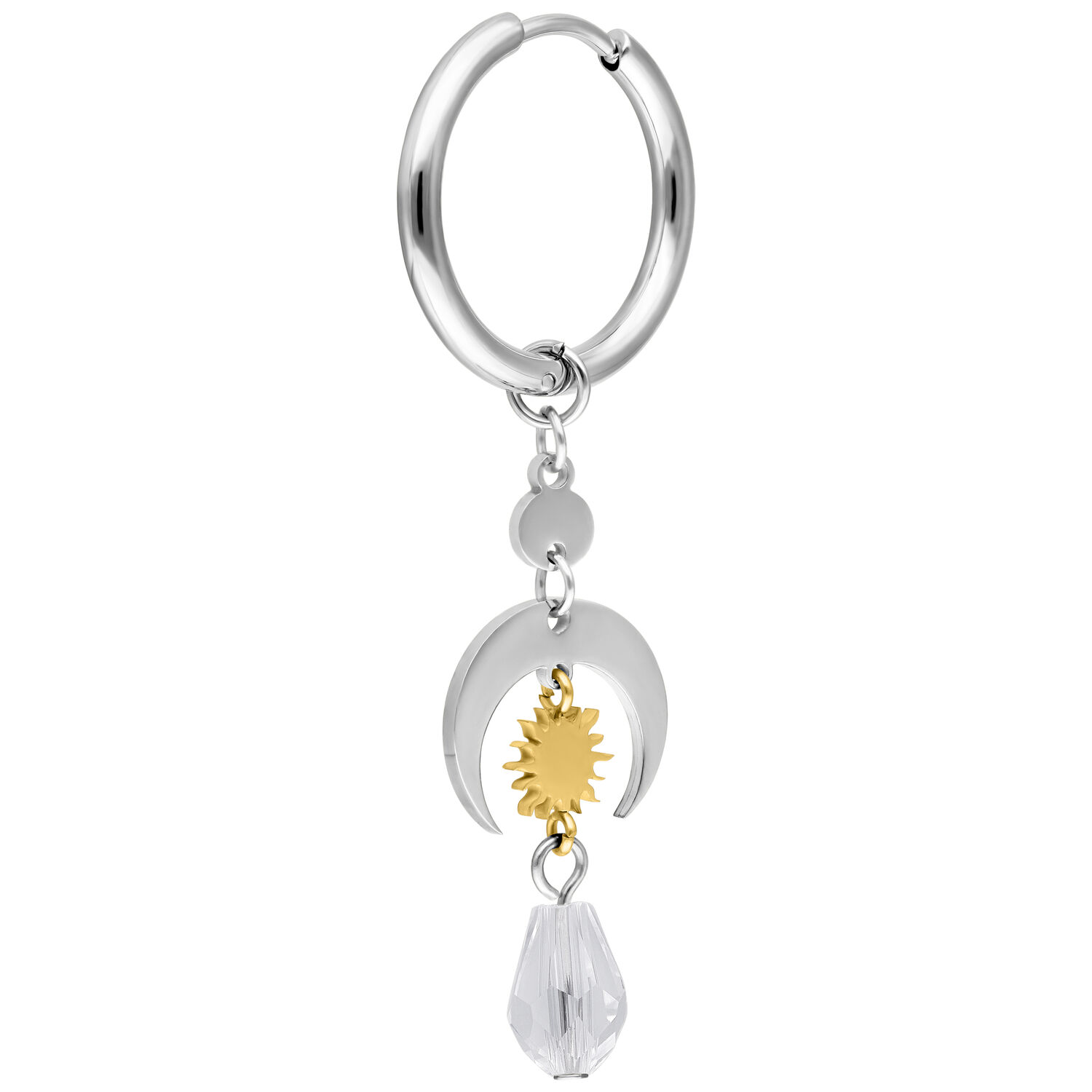 Celestial Light Hoops en argent et or Boucle d'oreille en argent avec soleil doré et pendentif en cristal clair