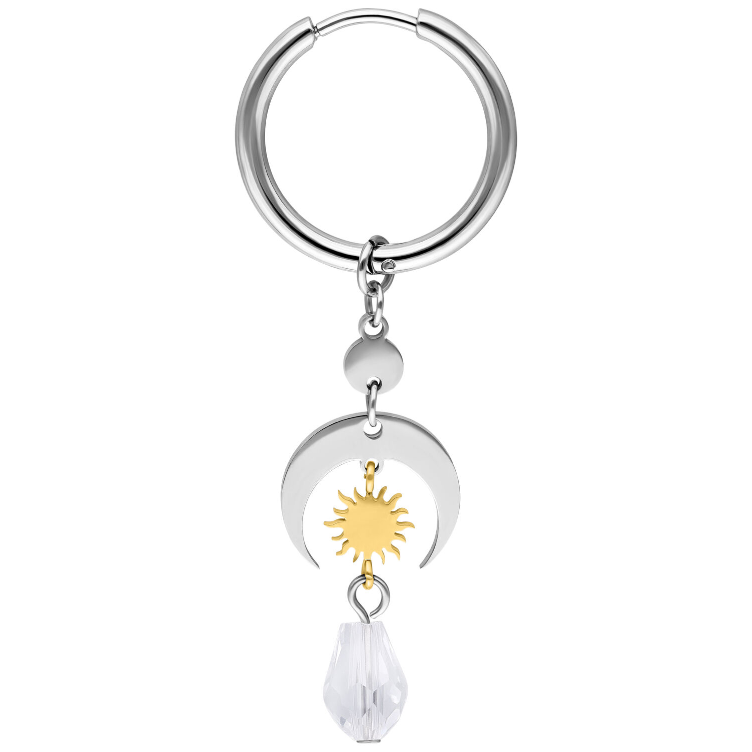 Créoles Celestial Light en argent et or Créoles argentées et dorées avec pendentif en cristal sur fond blanc