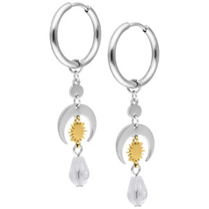 Boucles d'oreilles en acier inoxydable argentées avec détails dorés et pendentif en cristal