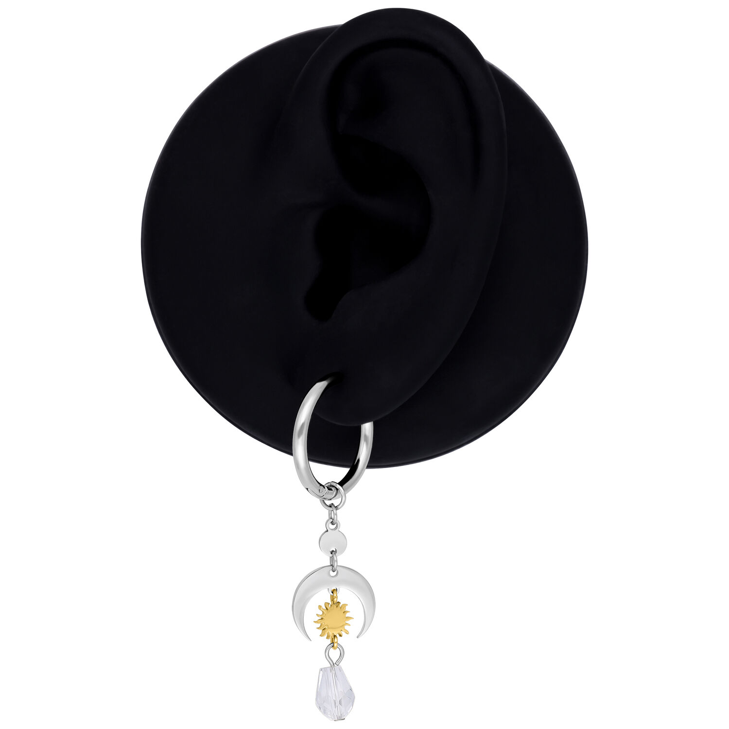 Créoles Celestial Light en argent avec cristal Boucles d'oreilles en argent avec soleil doré et pendentif en cristal sur fond noir
