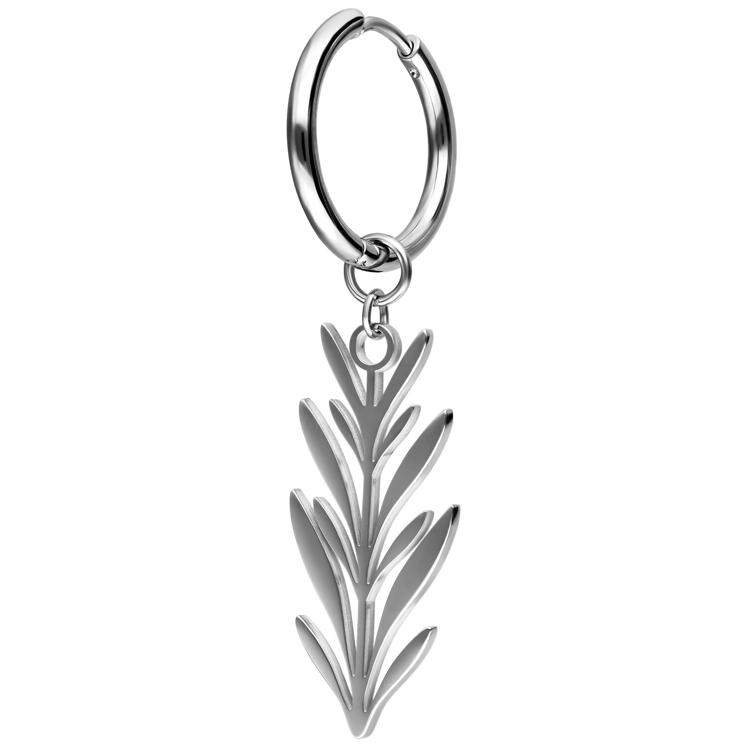 Boucles d'oreilles argentées avec pendentif feuille Boucles d'oreilles argentées avec un pendentif feuille détaillé sur fond blanc.
