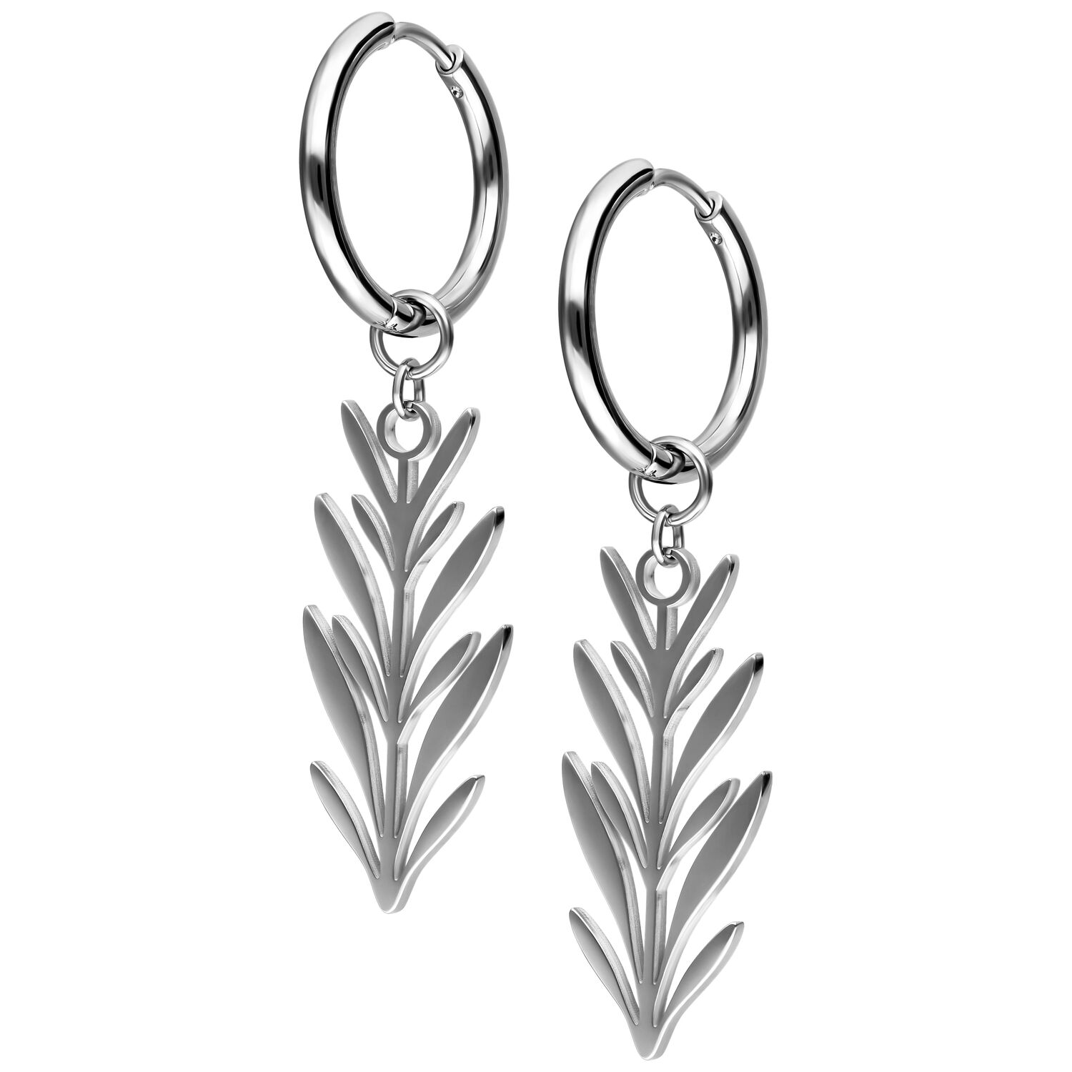 Boucles d'oreilles en acier inoxydable argentées avec design de feuille Deux boucles d'oreilles argentées avec pendentifs en forme de feuille sur fond blanc