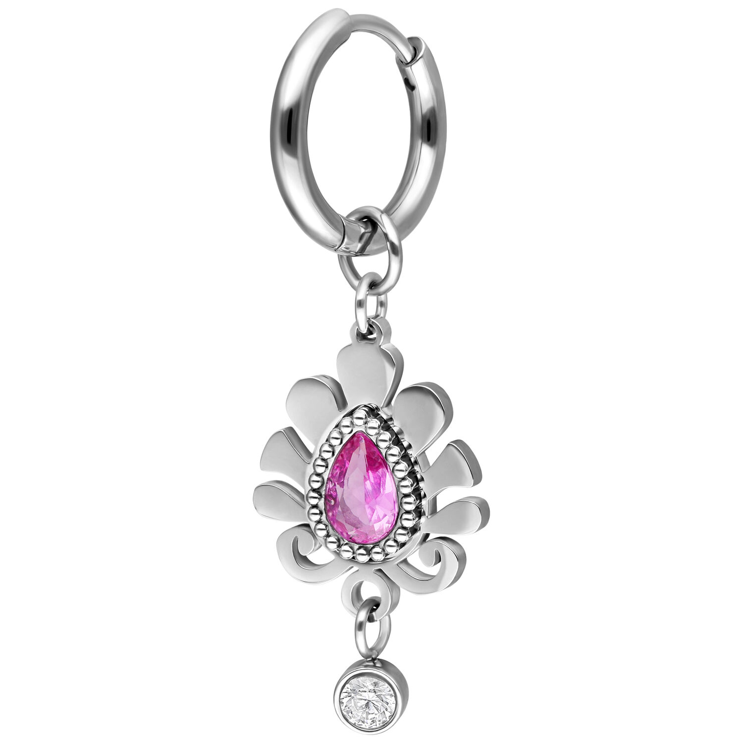 Créoles argentées avec pendentif en cristal rose Créole argentée avec pendentif en cristal rose en forme de goutte et cristal rond clair sur fond blanc