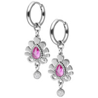 Boucles d'oreilles argentées avec pierre rose Boucles d'oreilles argentées avec pierre en goutte rose et pendentif en cristal clair
