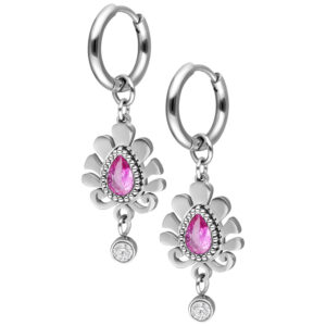 Boucles d'oreilles argentées avec pierre en goutte rose et pendentif en cristal clair