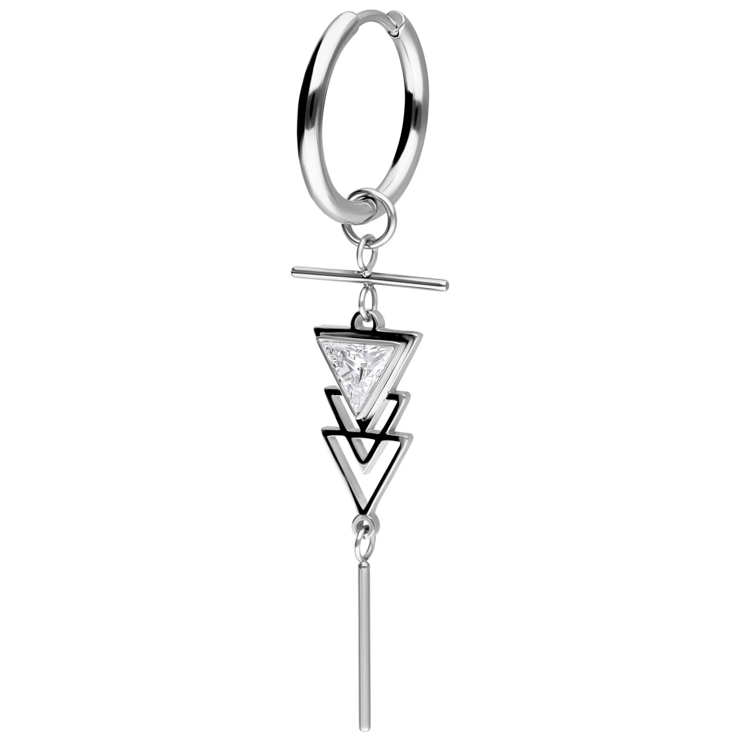 Boucle d'oreille argentée avec pendentif géométrique Boucle d'oreille argentée avec fermoir rond et pendentif triangulaire sur fond blanc