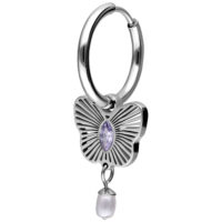 Boucle d'oreille en argent avec pendentif papillon Boucle d'oreille en argent avec pendentif papillon et cristal violet, perle pendante