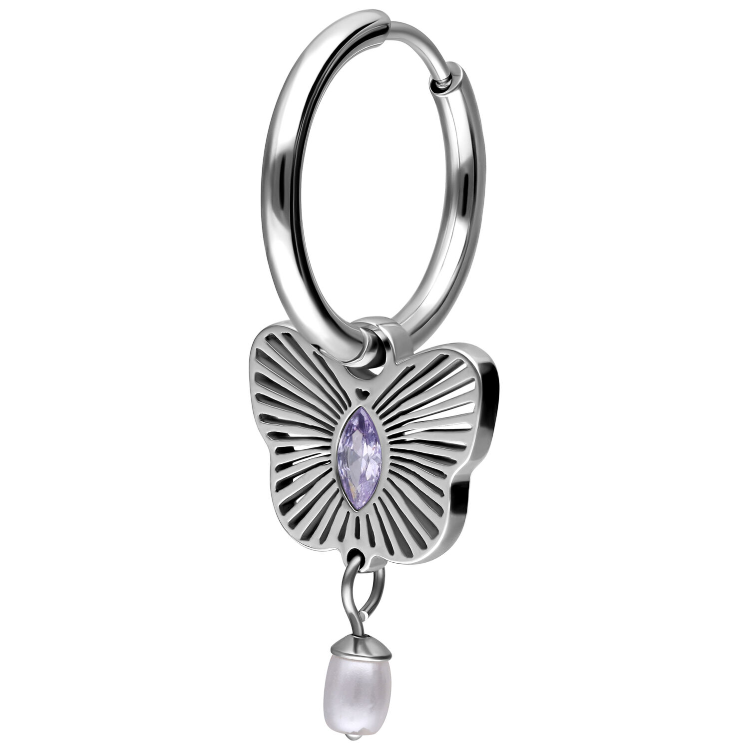 Boucle d'oreille en argent avec pendentif papillon Boucle d'oreille en argent avec pendentif papillon et cristal violet, perle pendante