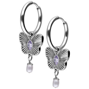 Deux créoles argentées avec pendentif papillon et cristal lavande, perle pendante