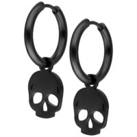 Deux boucles d'oreilles noires avec pendentifs tête de mort sur fond blanc