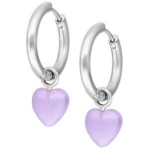 Créoles en argent avec pendentif en forme de cœur en améthyste sur fond blanc