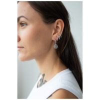 Boucles d'oreilles Mandala argentées portées à l'oreille Boucles d'oreilles Mandala argentées à l'oreille gauche d'une femme, profil latéral.