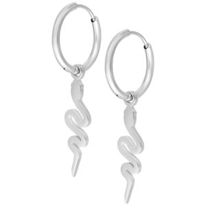 Créoles argentées avec pendentifs en forme de serpent sur fond blanc