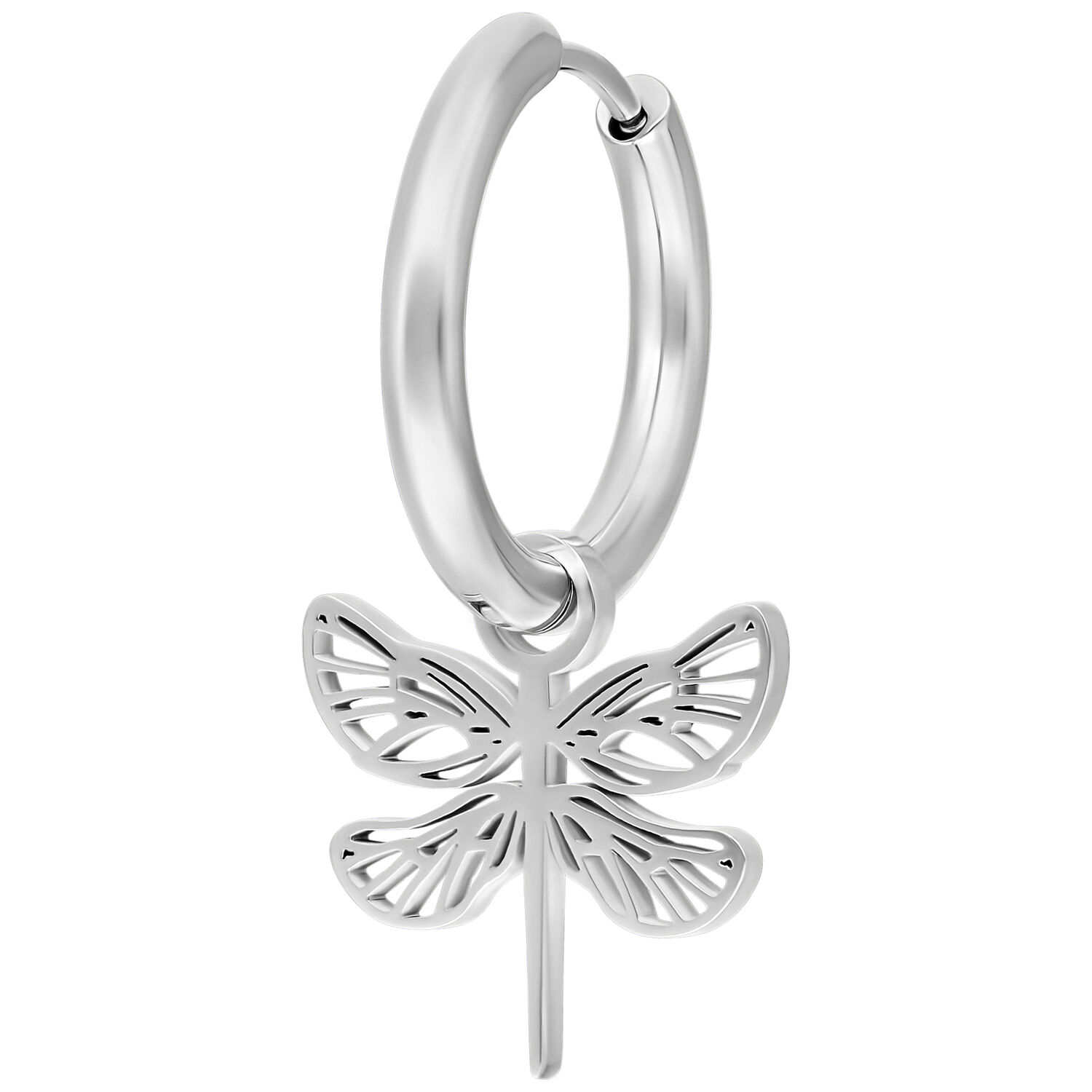 Boucles d'oreilles Little Flower Hoops argentées Boucle d'oreille argentée avec pendentif papillon sur fond blanc