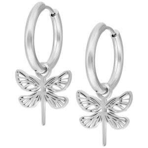 Créoles argentées avec petits pendentifs fleurs sur fond blanc