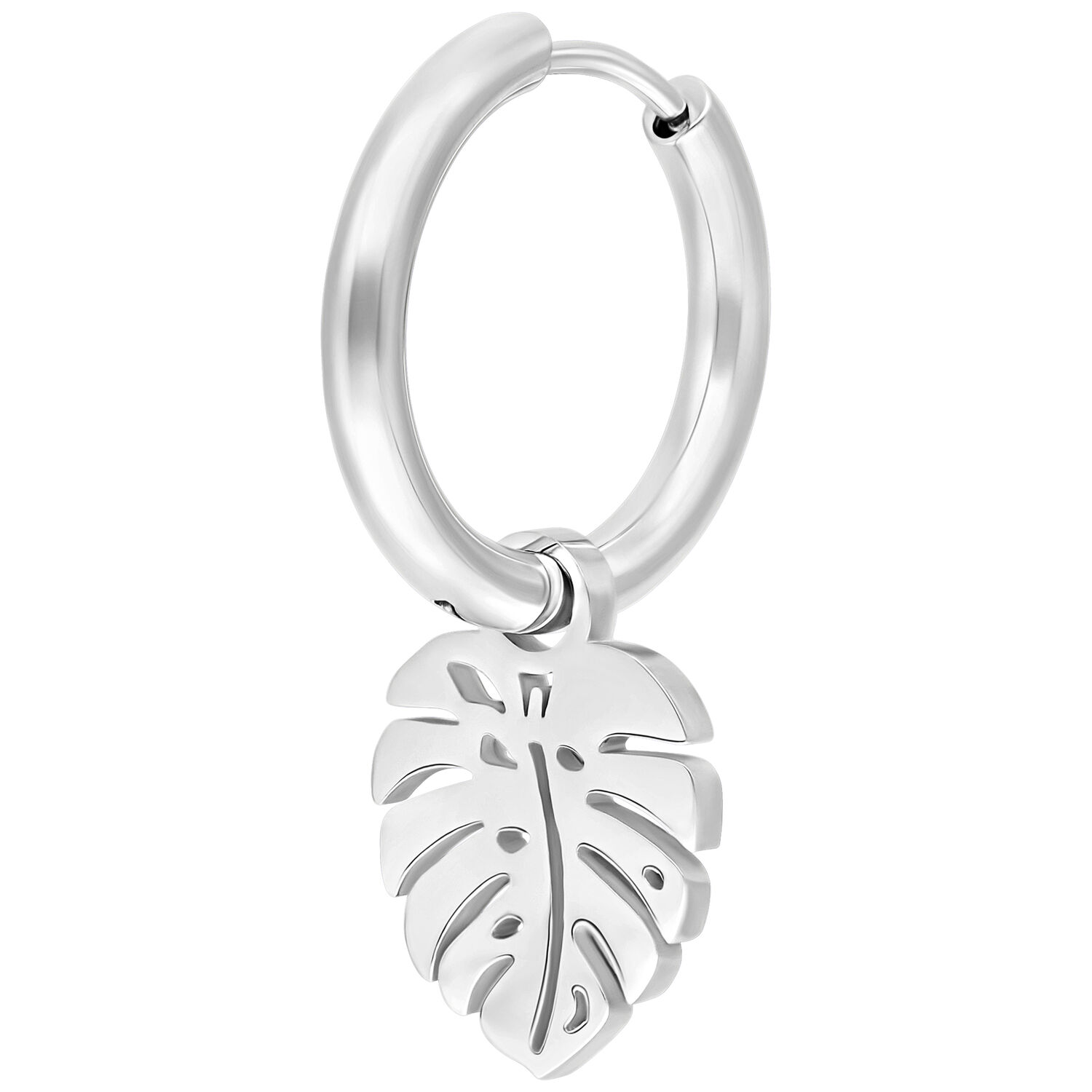 Boucle d'oreille argentée avec pendentif feuille de Monstera sur fond blanc