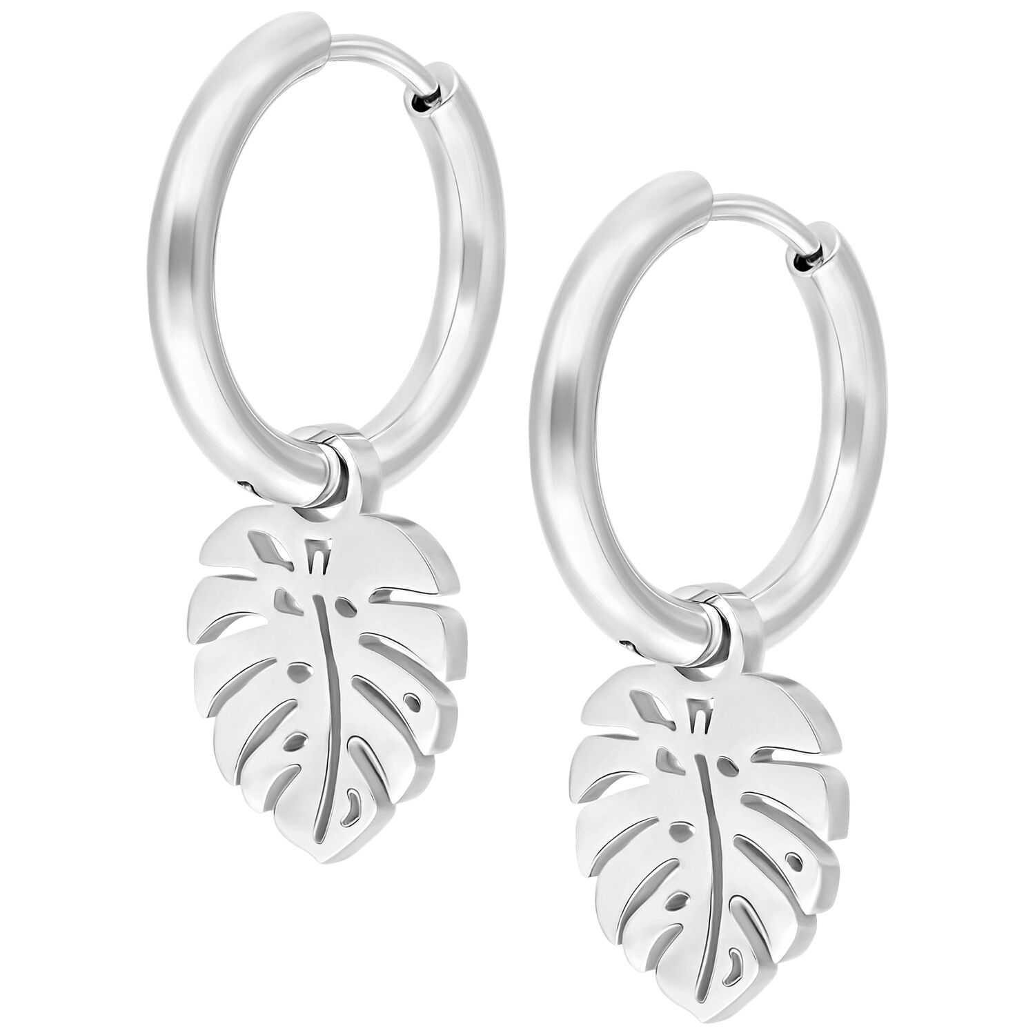 Boucles d'oreilles Monstera argentées en acier chirurgical sur fond blanc