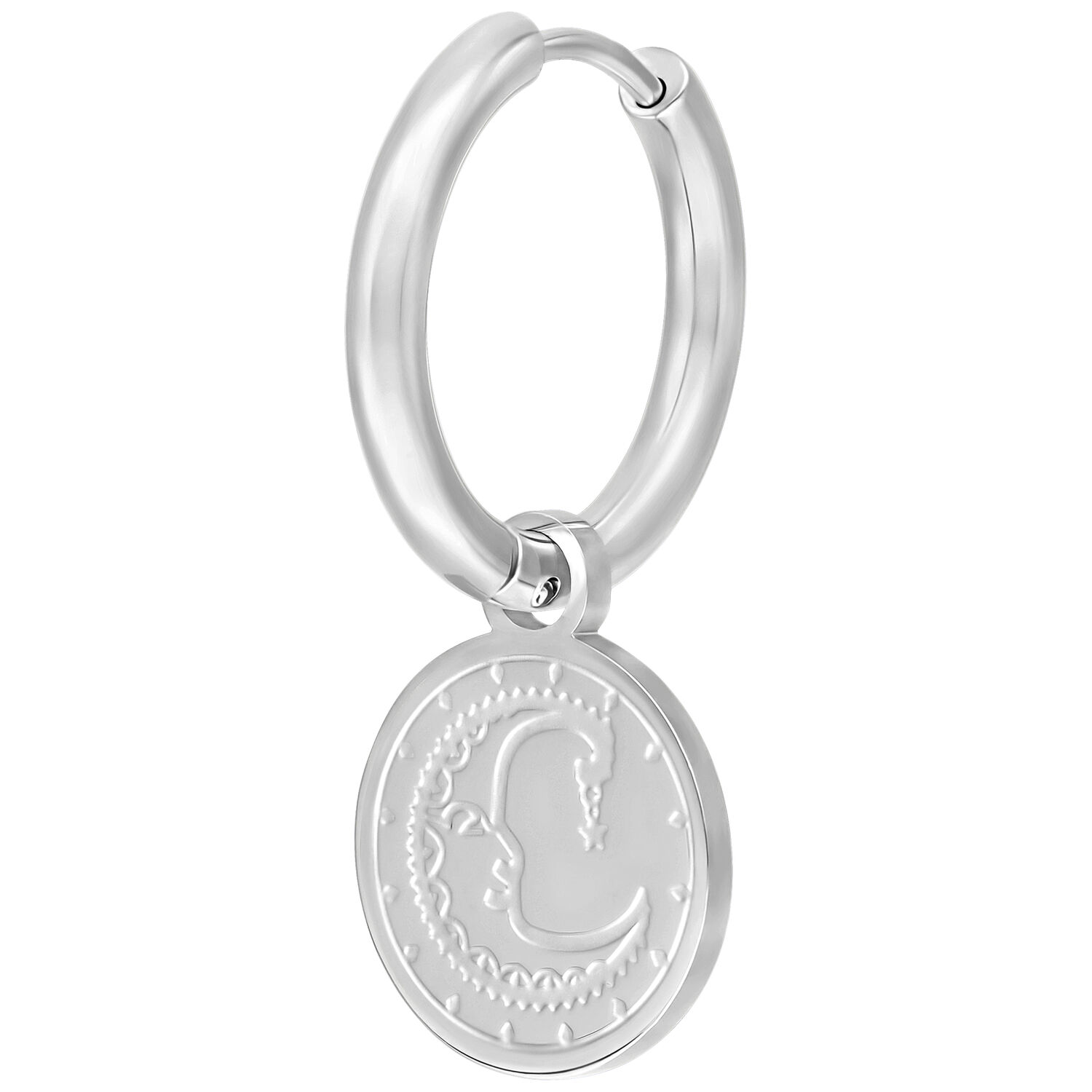 Boucles d'oreilles Little Sun Moon Hoops argentées Boucles d'oreilles argentées avec motif de lune sur fond blanc