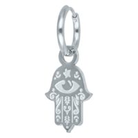 Boucles d'oreilles main de Hamsa en acier inoxydable argentées Boucle d'oreille main de Hamsa en acier inoxydable argentée sur fond blanc