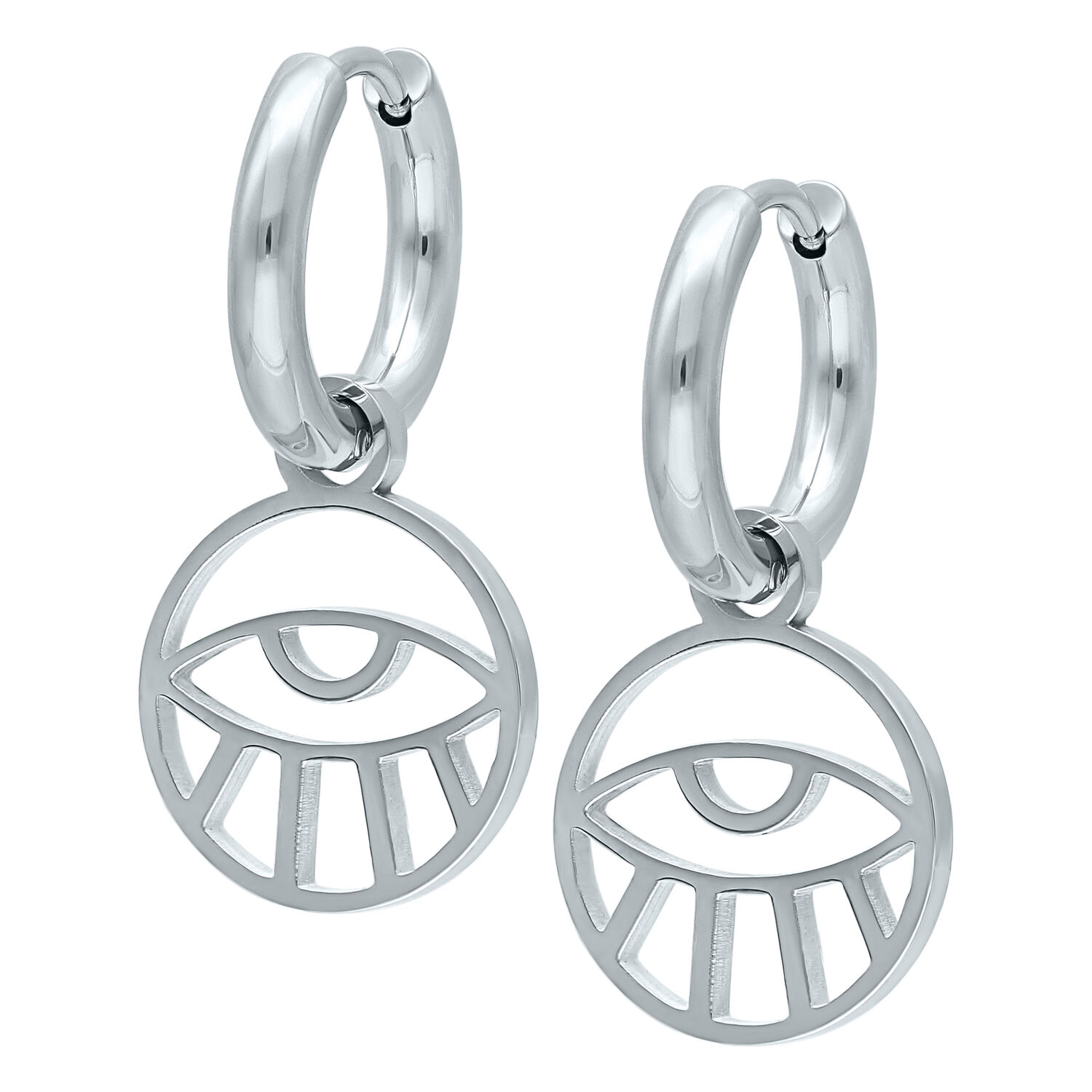 Boucles d'oreilles argentées avec motif œil Créoles argentées en acier chirurgical avec pendentif œil, brillant