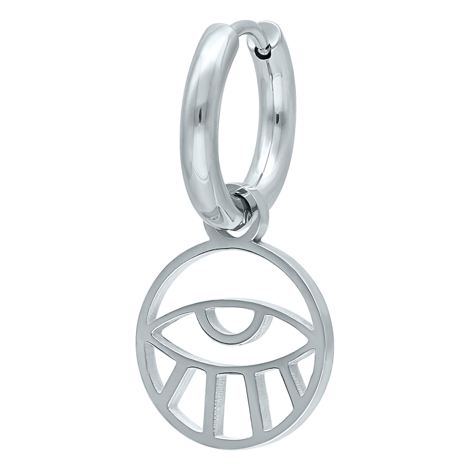 Boucles d'oreilles Little Eye Hoops argentées Boucles d'oreilles argentées avec motif œil sur fond blanc