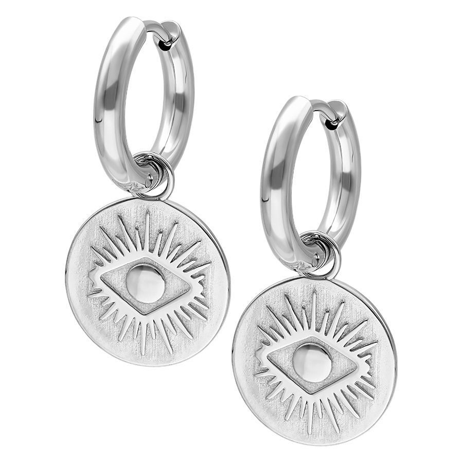 Boucles d'oreilles argentées avec motif œil, fermoir à clip Créoles argentées avec motif œil gravé sur fond blanc