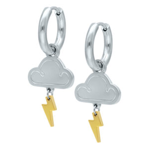 Boucles d'oreilles argentées avec pendentif nuage et éclair doré sur fond blanc