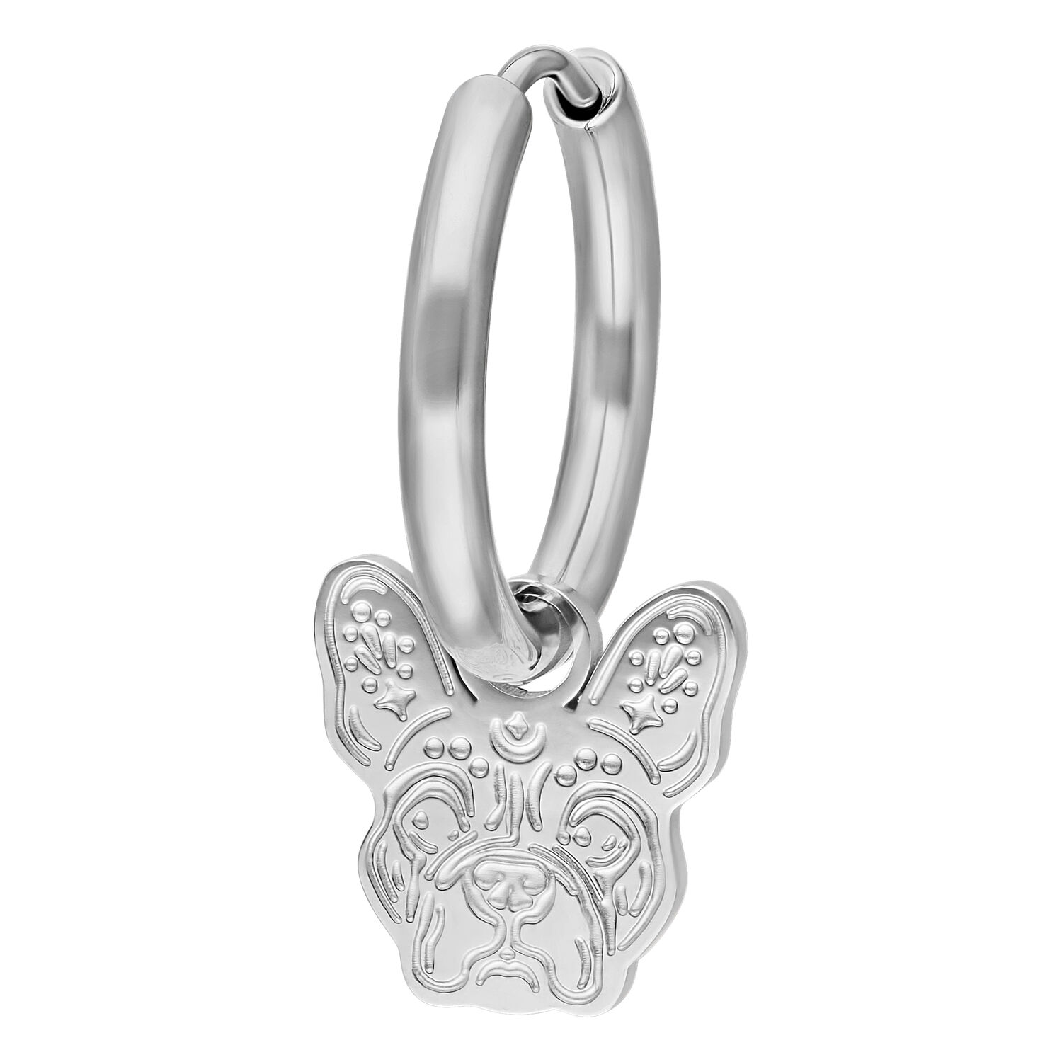 Boucles d'oreilles Little Bulldog en argent Boucles d'oreilles en argent en forme de tête de bulldog sur fond blanc