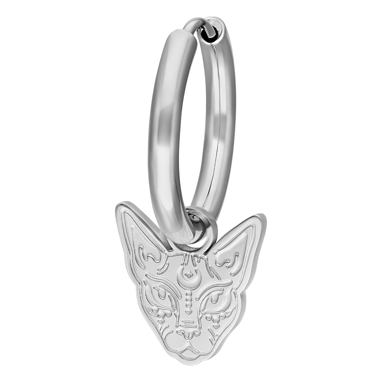Boucles d'oreilles Little Sphynx Hoops argentées Boucles d'oreilles argentées avec pendentif chat Sphynx sur fond blanc