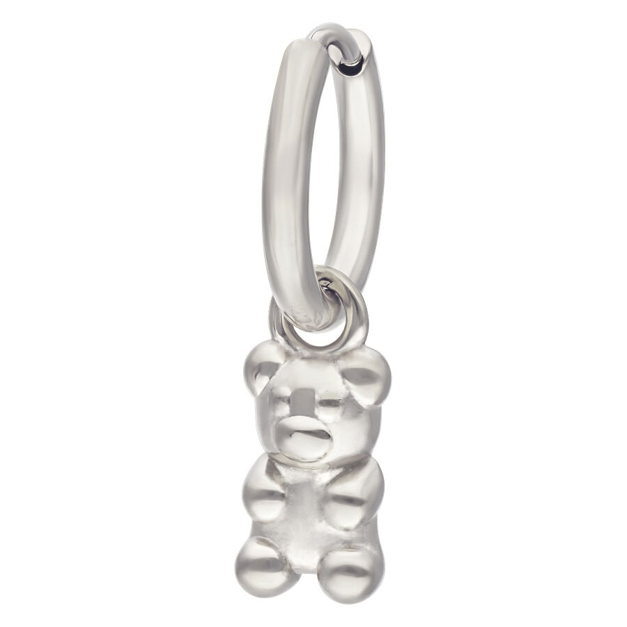 Boucle d'oreille en forme d'ours en gomme argentée en acier chirurgical 316L sur fond blanc