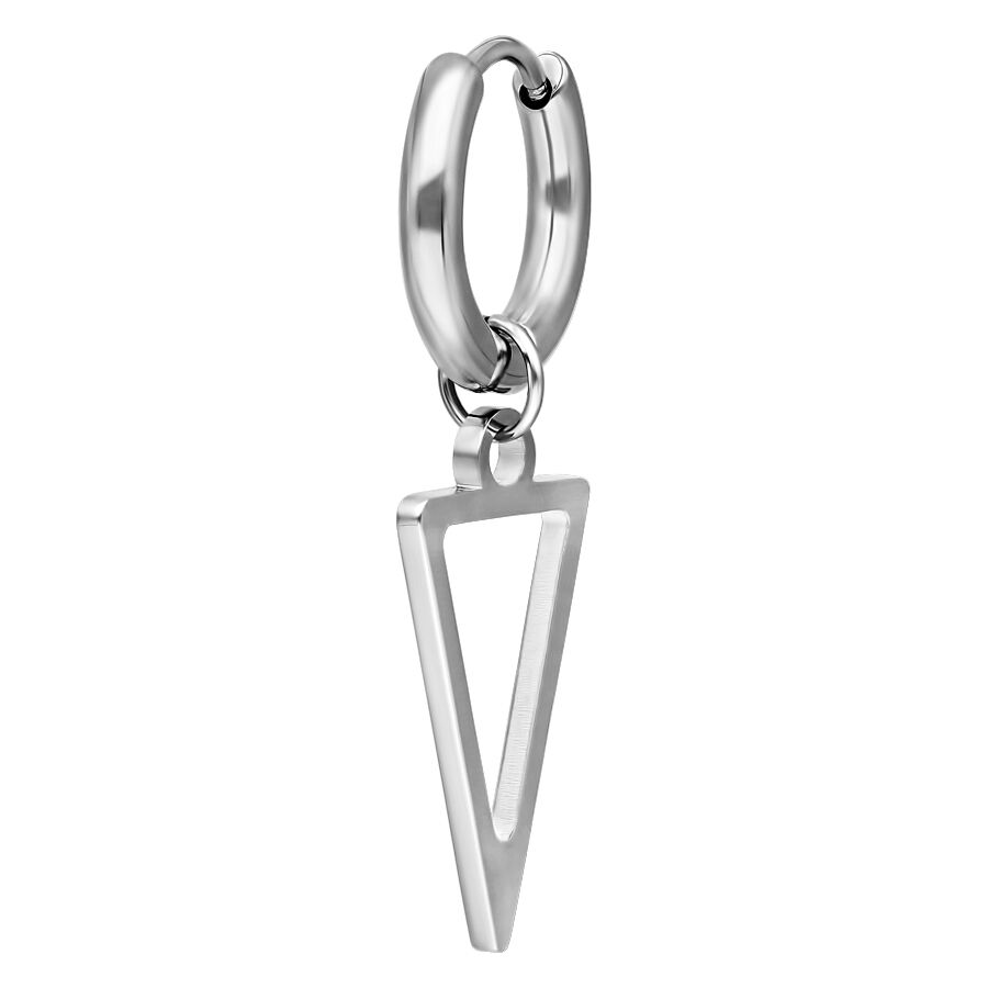 Créoles triangulaires en acier chirurgical argenté Boucles d'oreilles argentées avec pendentif triangulaire découpé sur fond blanc