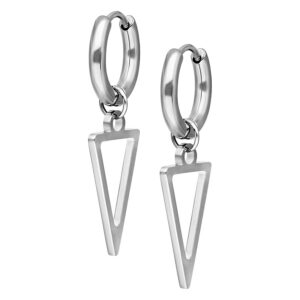 Créoles triangulaires argentées en acier chirurgical 316L avec fermoir à clip sur fond blanc