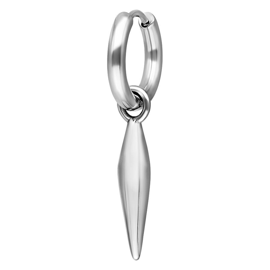 Boucles d'oreilles Little Bullet Hoops argentées Boucles d'oreilles argentées en acier chirurgical avec pendentif pointu sur fond blanc