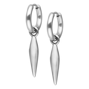 Boucles d'oreilles argentées en acier chirurgical avec pendentif pointu sur fond blanc