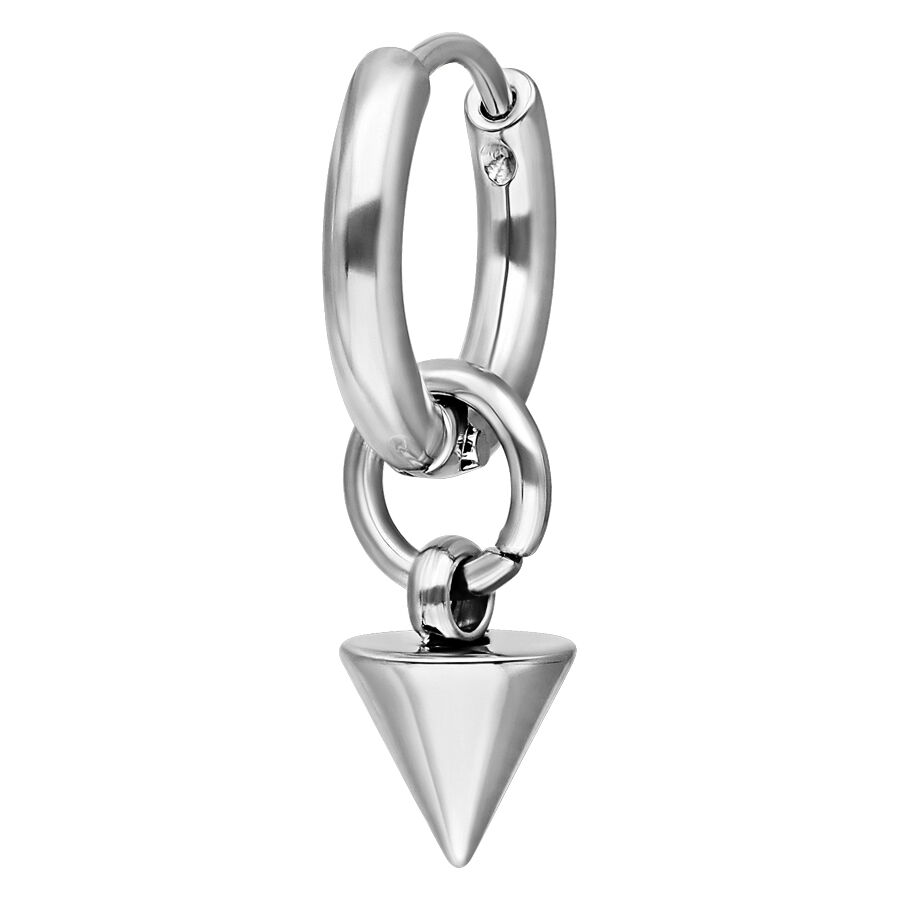 Boucle d'oreille à pointe en acier chirurgical argenté Boucle d'oreille argentée avec pendentif en forme de cône sur fond blanc