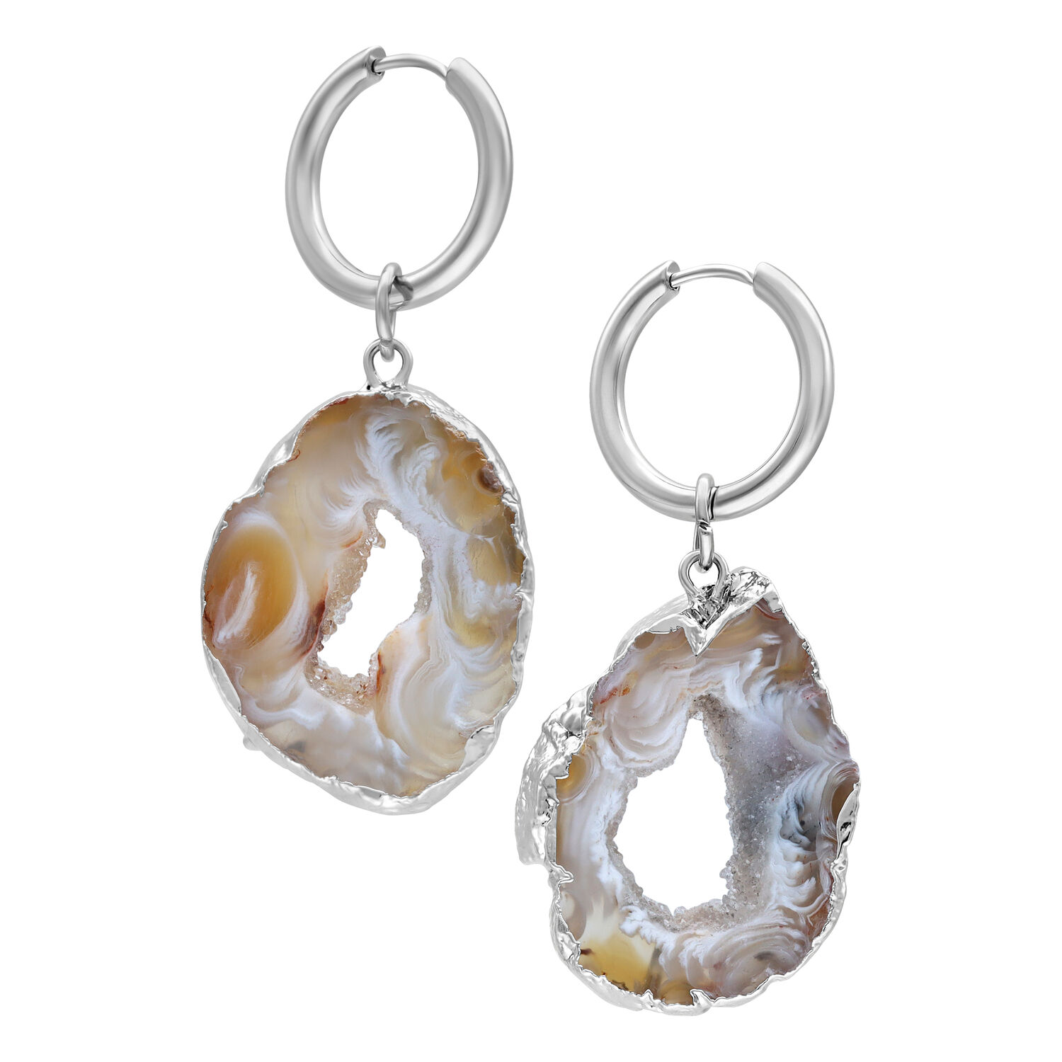 Créoles en Agate Indienne Argentées, Poli Brillant Créoles argentées avec pendentif en agate indienne sur fond blanc