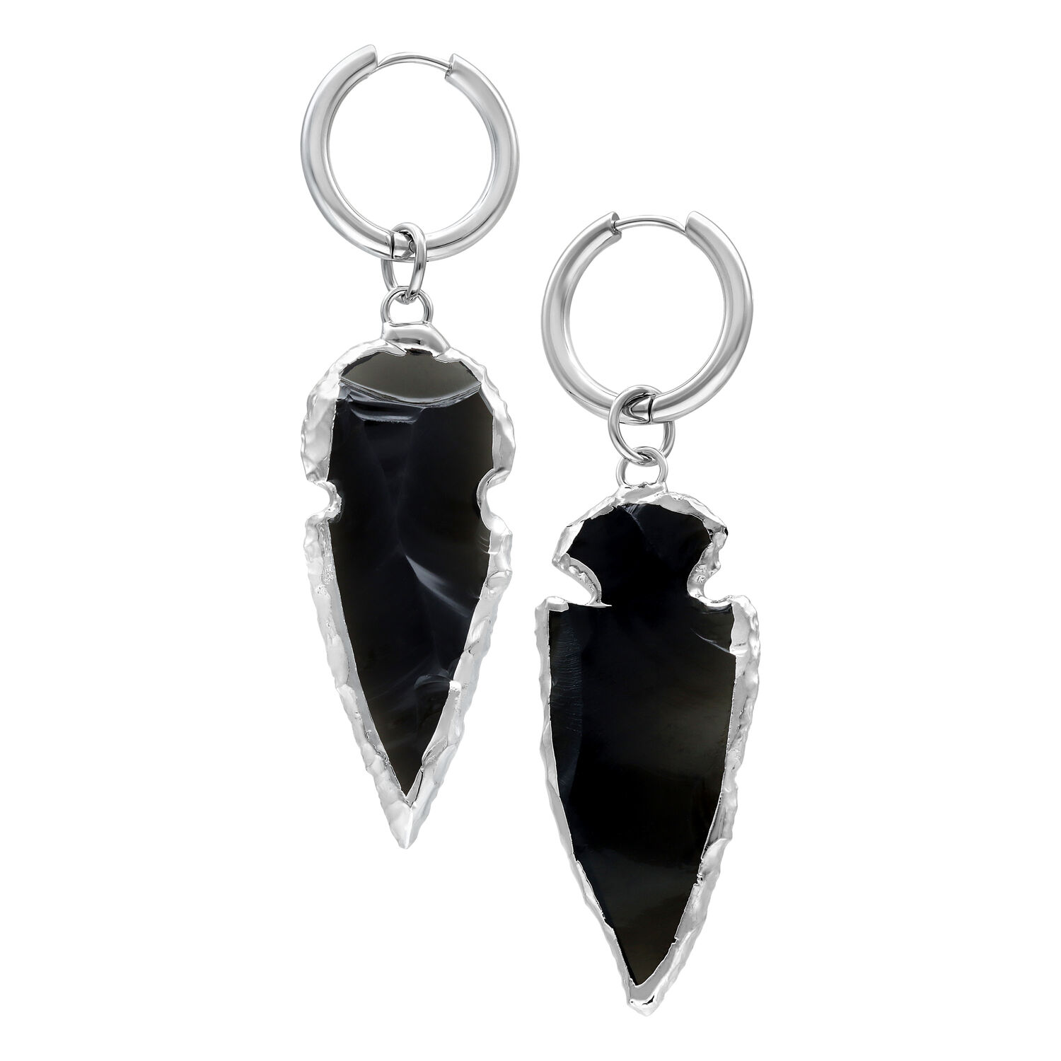 Mini Hoops Obsidian boucles d'oreilles en argent Deux boucles d'oreilles argentées avec pendentif couleur obsidienne sur fond blanc