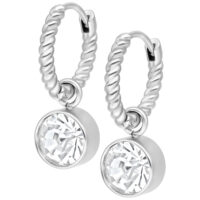 Petites créoles torsadées argentées avec cristaux Boucles d'oreilles argentées avec design torsadé et cristaux scintillants sur fond blanc