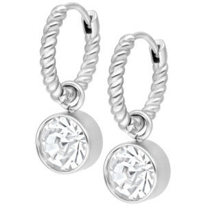 Boucles d'oreilles argentées avec design torsadé et cristaux scintillants sur fond blanc