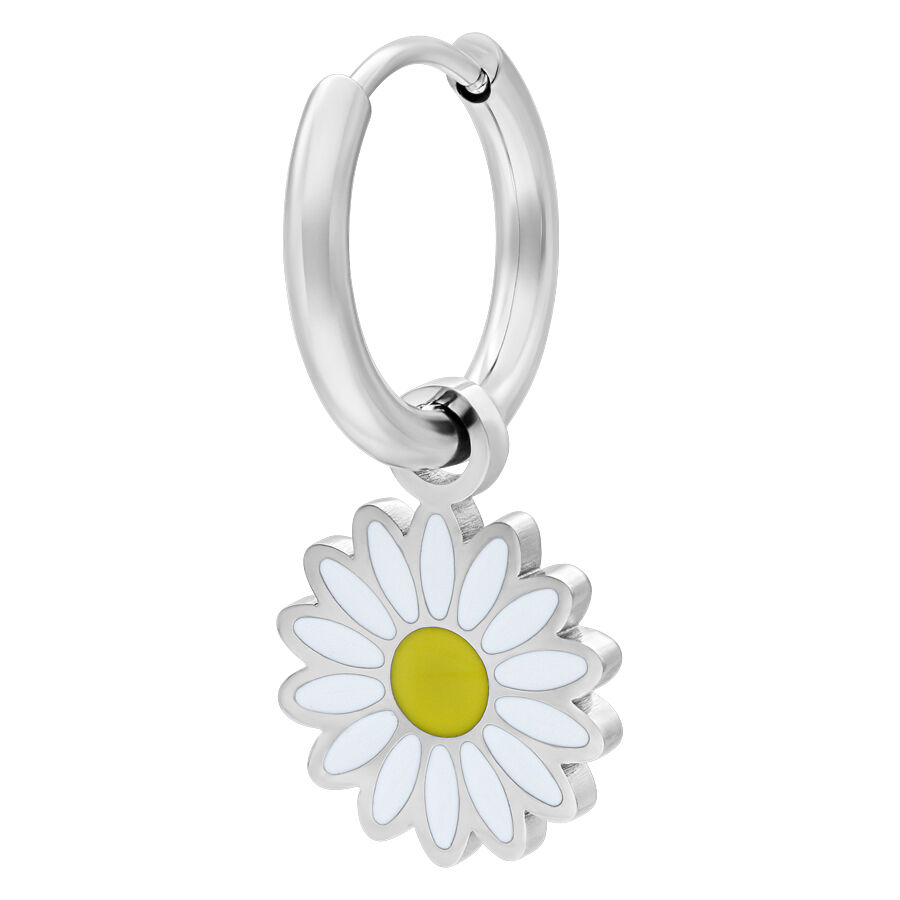 Boucles d'oreilles Little Daisy Hoops argentées Boucles d'oreilles argentées avec pendentif marguerite sur fond blanc