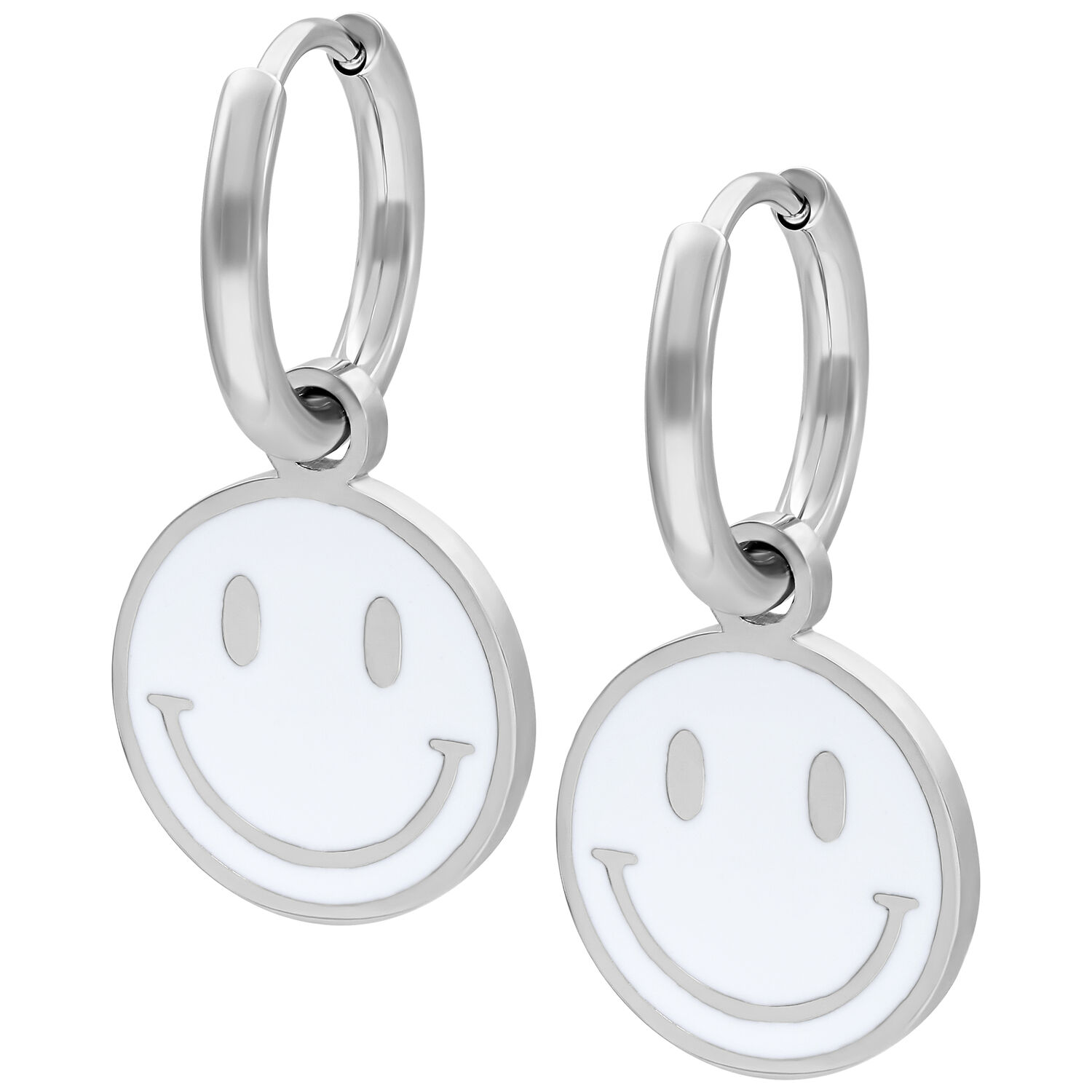 Boucles d'oreilles Smiley argentées en acier chirurgical Deux boucles d'oreilles argentées avec pendentif Smiley blanc sur fond blanc