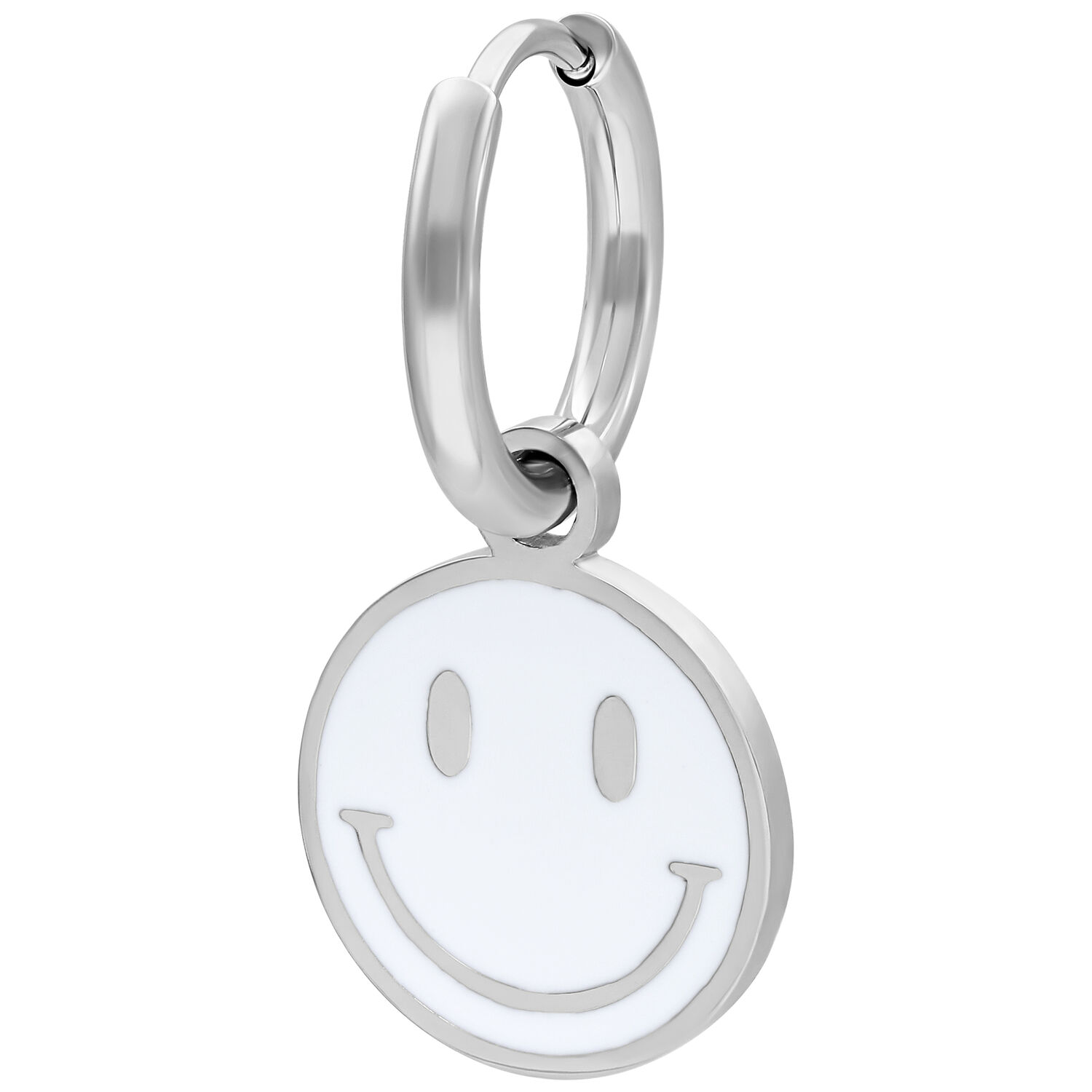 Boucles d'oreilles smiley argentées en acier chirurgical Boucle d'oreille argentée avec pendentif smiley blanc sur fond blanc