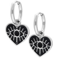 Créoles Little Soulmate argentées avec pendentif cœur Boucles d'oreilles argentées avec pendentif en forme de cœur et motif œil sur fond blanc