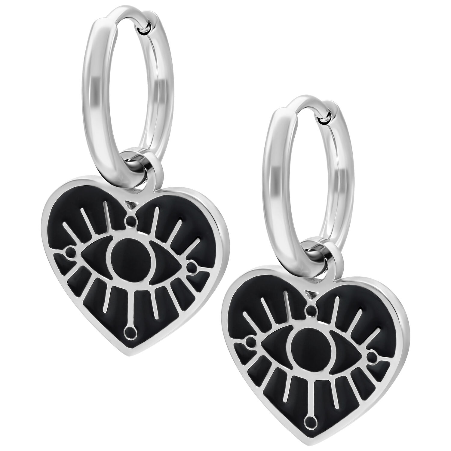 Créoles Little Soulmate argentées avec pendentif cœur Boucles d'oreilles argentées avec pendentif en forme de cœur et motif œil sur fond blanc