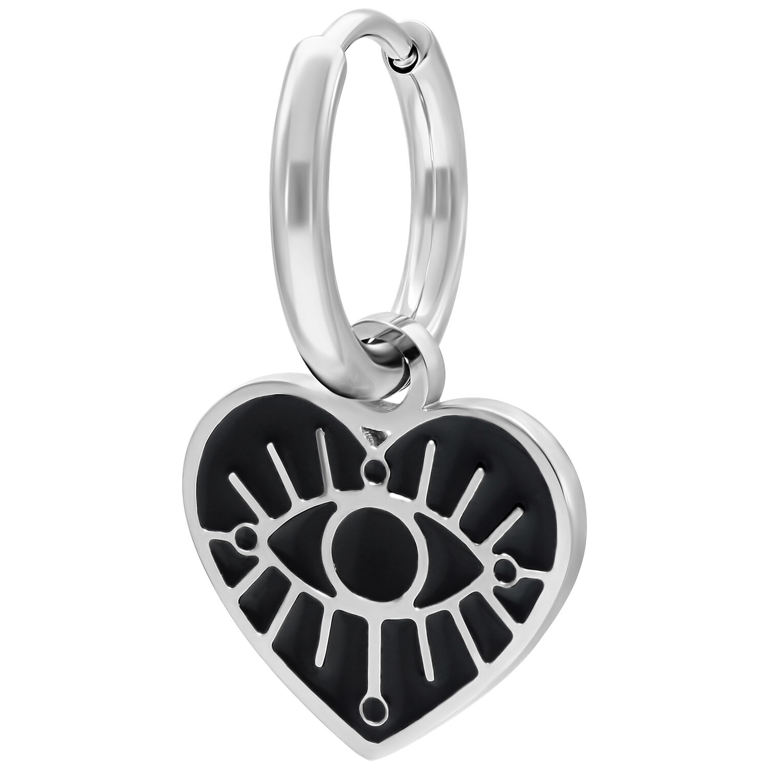 Créoles Little Soulmate argentées avec pendentif cœur Boucles d'oreilles argentées avec pendentif cœur et design œil sur fond blanc