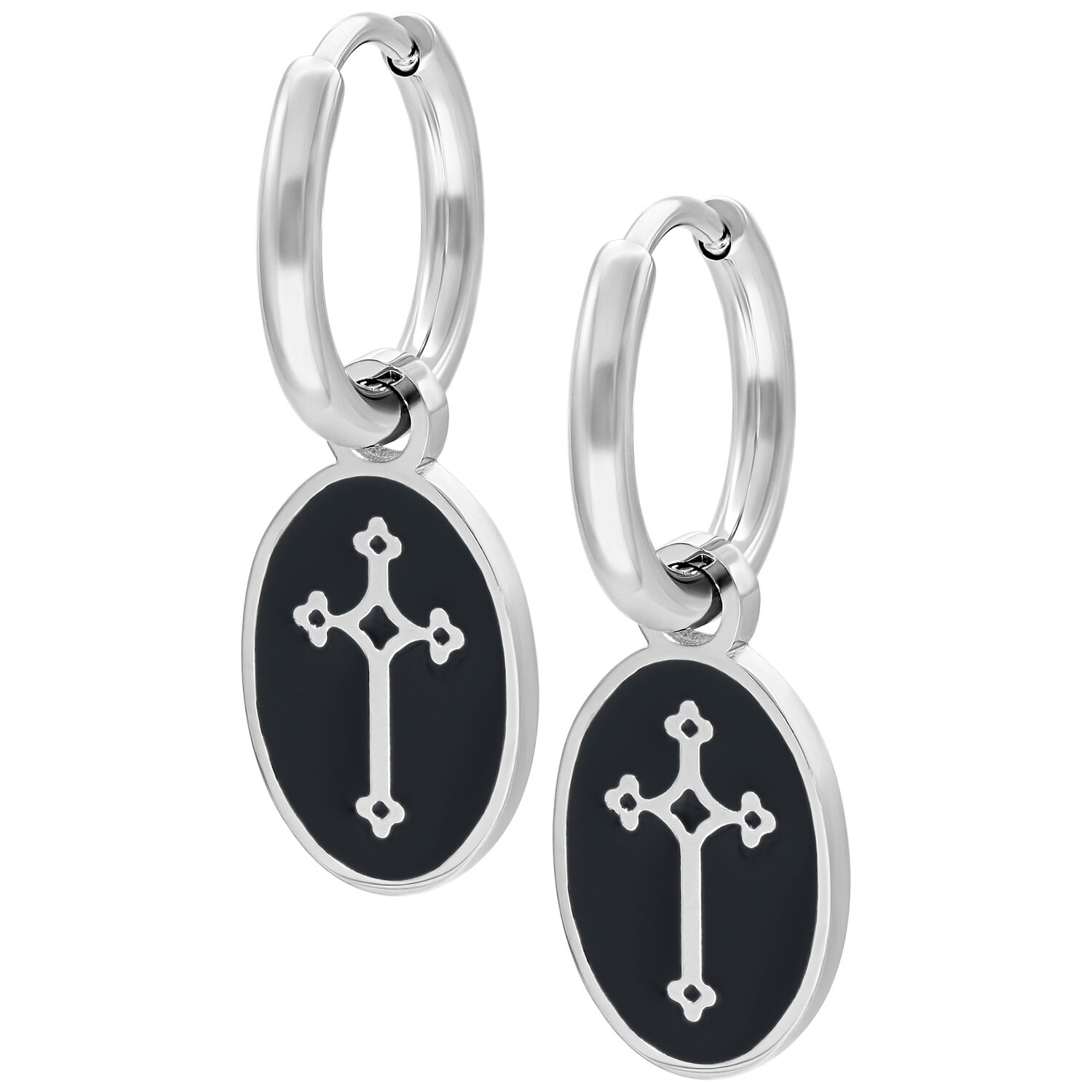 Créoles vintage argentées avec pendentif croix Créoles argentées avec pendentif noir ovale et croix sur fond blanc