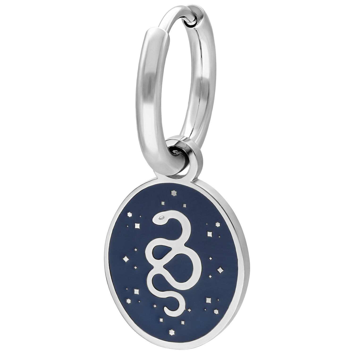 Petites créoles Mystic Snake en argent Créole en argent avec pendentif bleu et design de serpent sur fond blanc