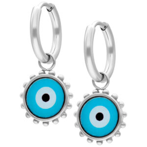 Deux boucles d'oreilles argentées avec motif d'œil Nazar bleu sur fond blanc