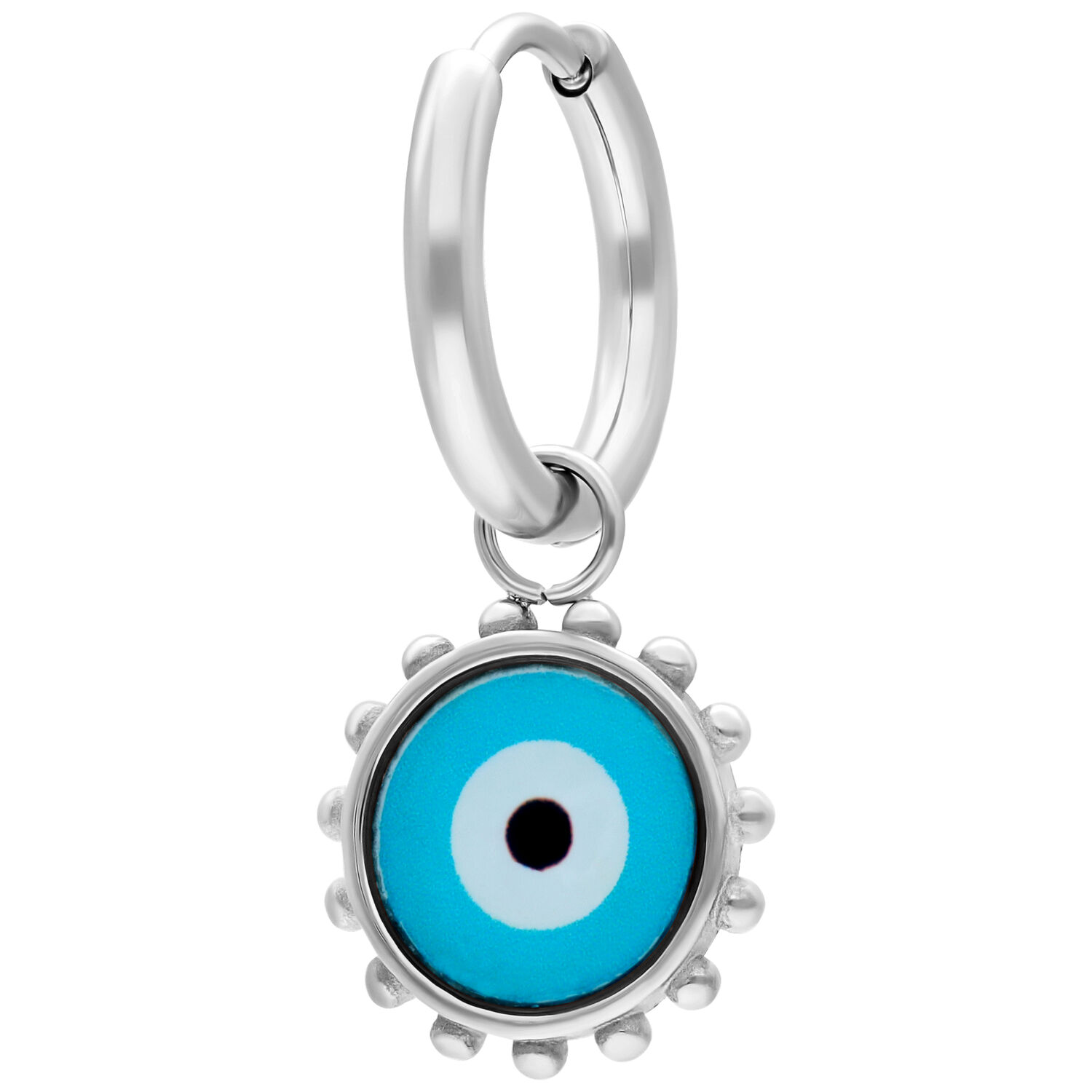 Boucle d'oreille en argent avec pendentif œil Nazar bleu sur fond blanc