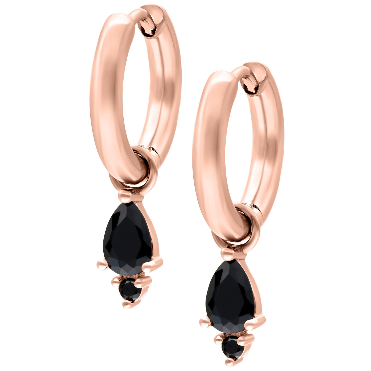 Little Tear Hoops Or Rose Noir Boucles d'oreilles en or rose avec cristaux noirs sur fond blanc